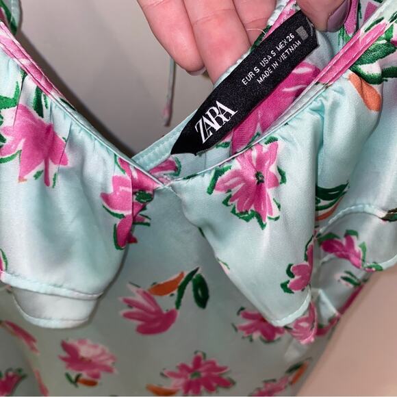 Zara Style 2157 / 046 Mint Green Pink Floral Ruffle Satin Slit Midi Dress Small - Picture 12 of 16